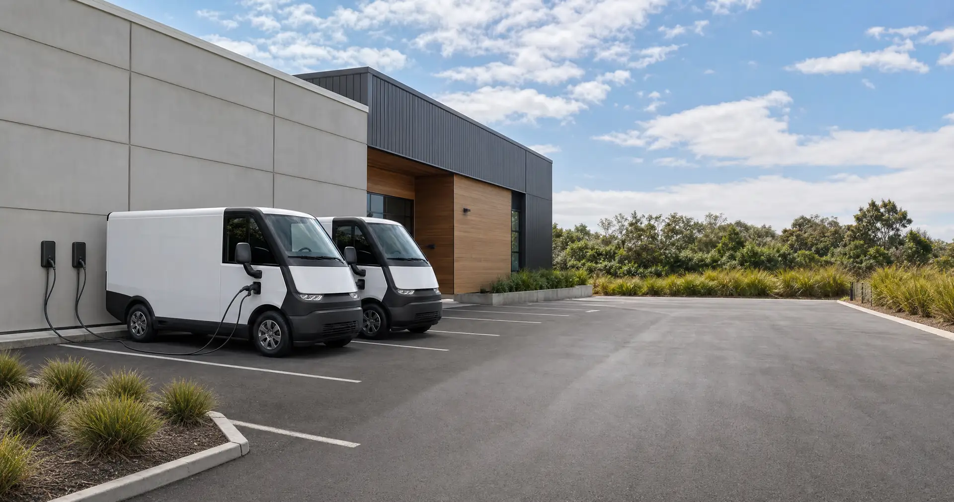 Electric vans parked in a row beside wall-mounted charging points
