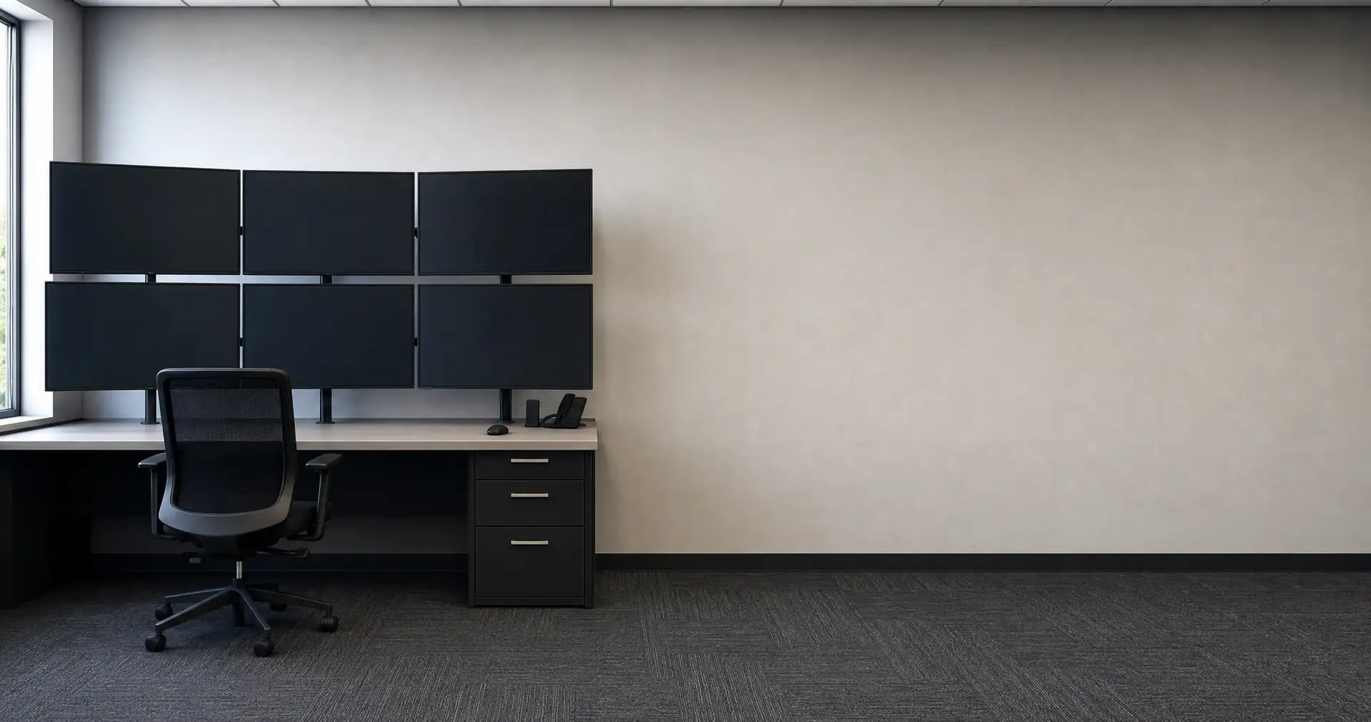 A bank of monitors and an empty operator desk in a control room